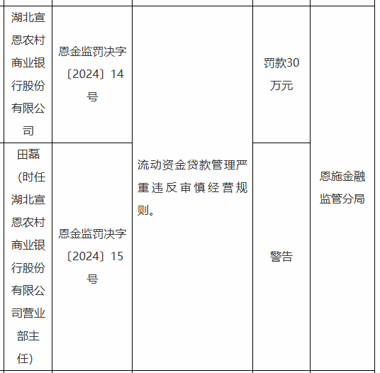 湖北宣恩农村商业银行被罚30万元：因流动资金贷款管理严重违反审慎经营规则